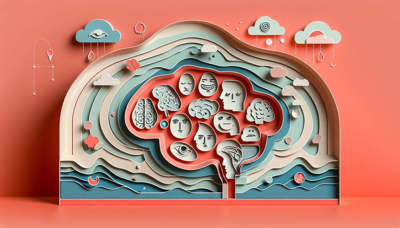 Paper art brain silhouette surrounded by question marks lightbulbs and test icons on coral background for personality quiz