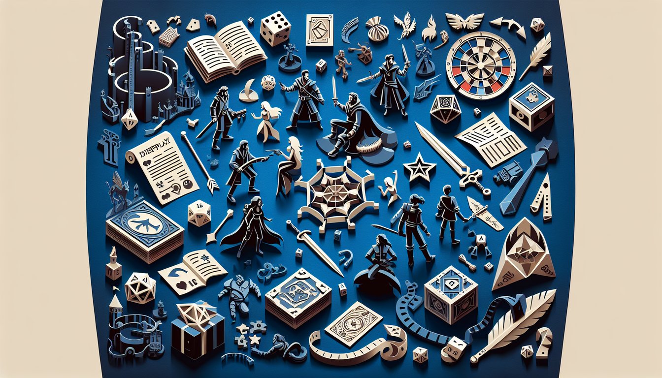 Paper art quiz graphic with cutout characters, question marks on dark blue background promoting interactive roleplay MCQs.