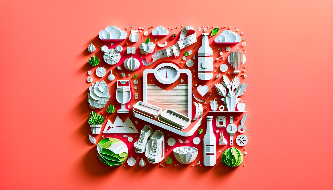 Paper art illustration showing quiz elements weight watchers points smart swaps alcohol points on coral background