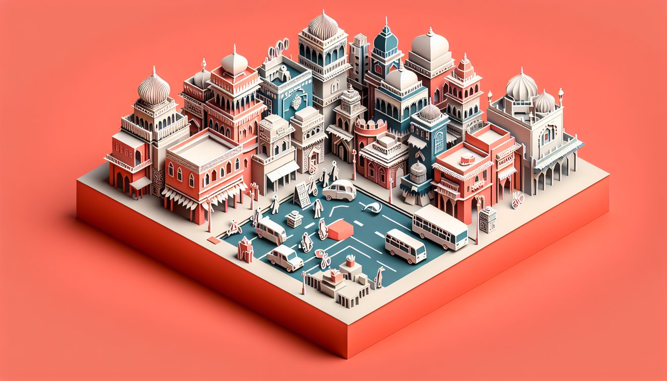 Paper art illustration for Slumdog Millionaire trivia quiz on a coral background
