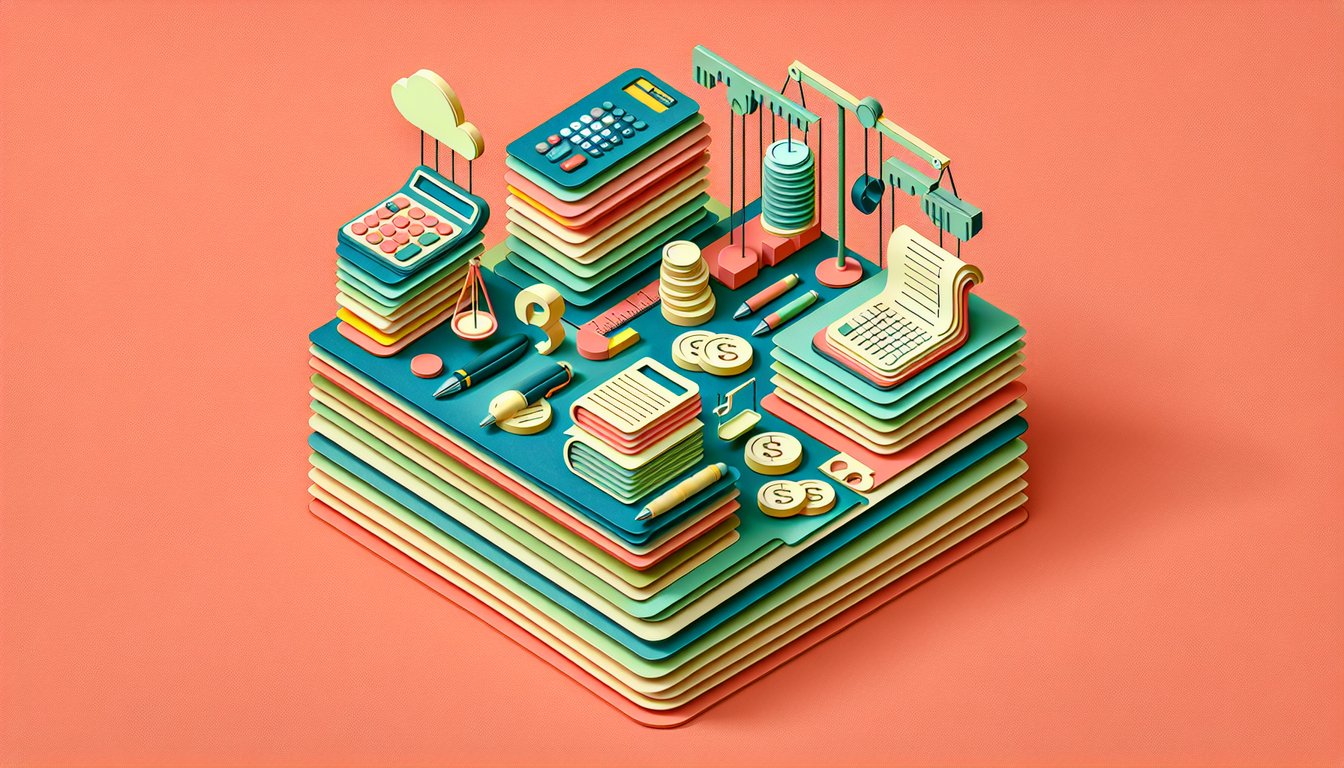Paper art ledger calculator and balance sheet chart on coral background for Sage 50 Accounts quiz