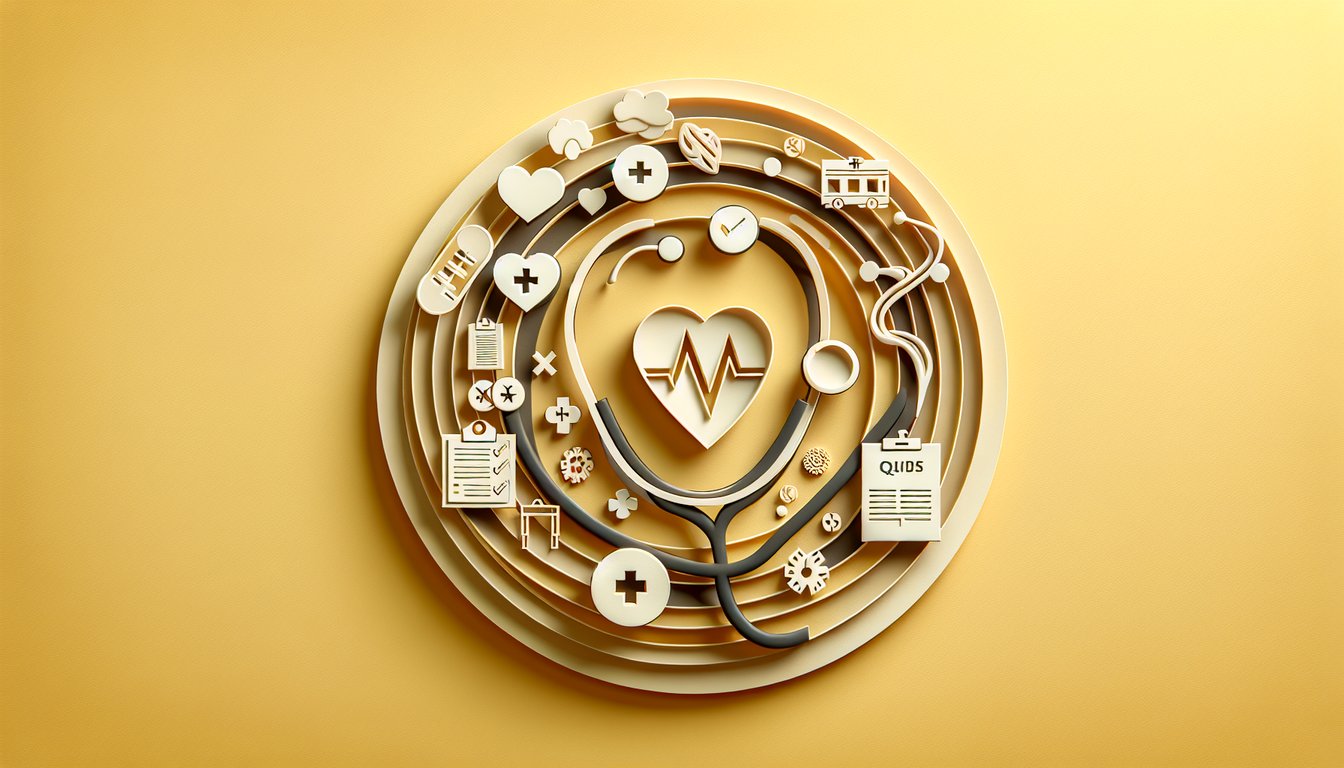 Paper art illustration showing medical icons and quiz title ICD10 Chapters 20 and 21 on golden yellow background