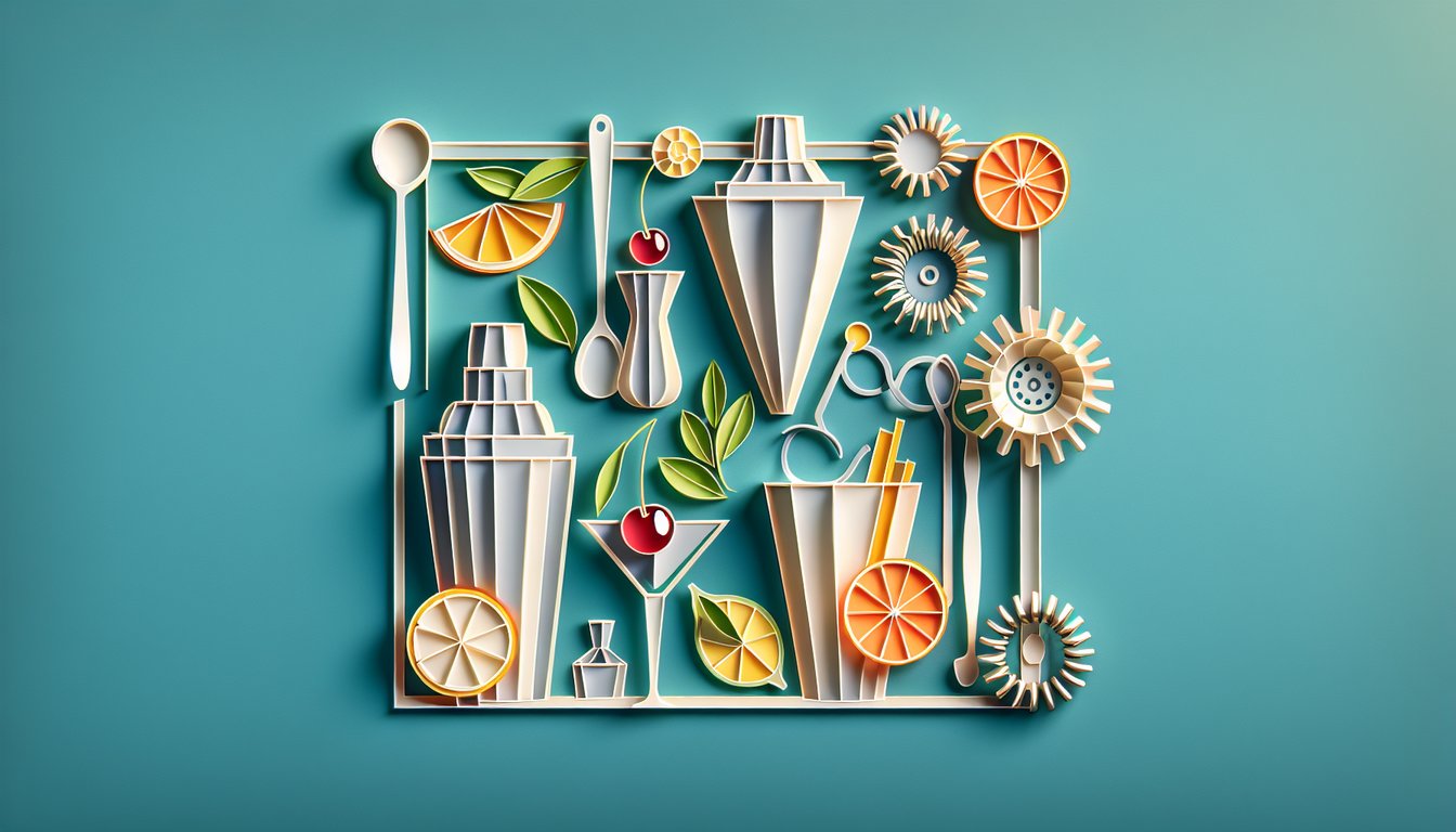 paper art cocktail quiz illustration with drinks glass bottles citrus leaves ice cubes on teal background