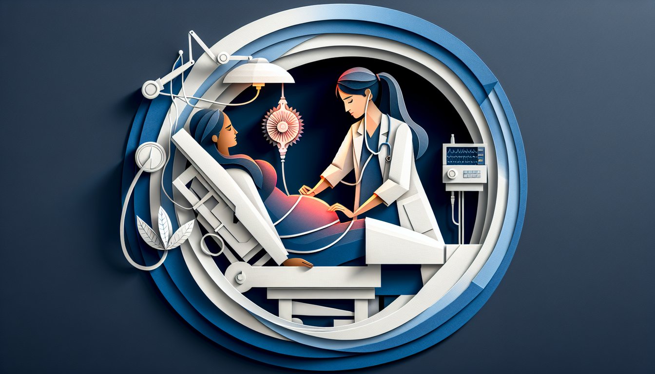 3D voxel art representing Advanced Obstetrics course content, including pregnancy stages and medical tools.