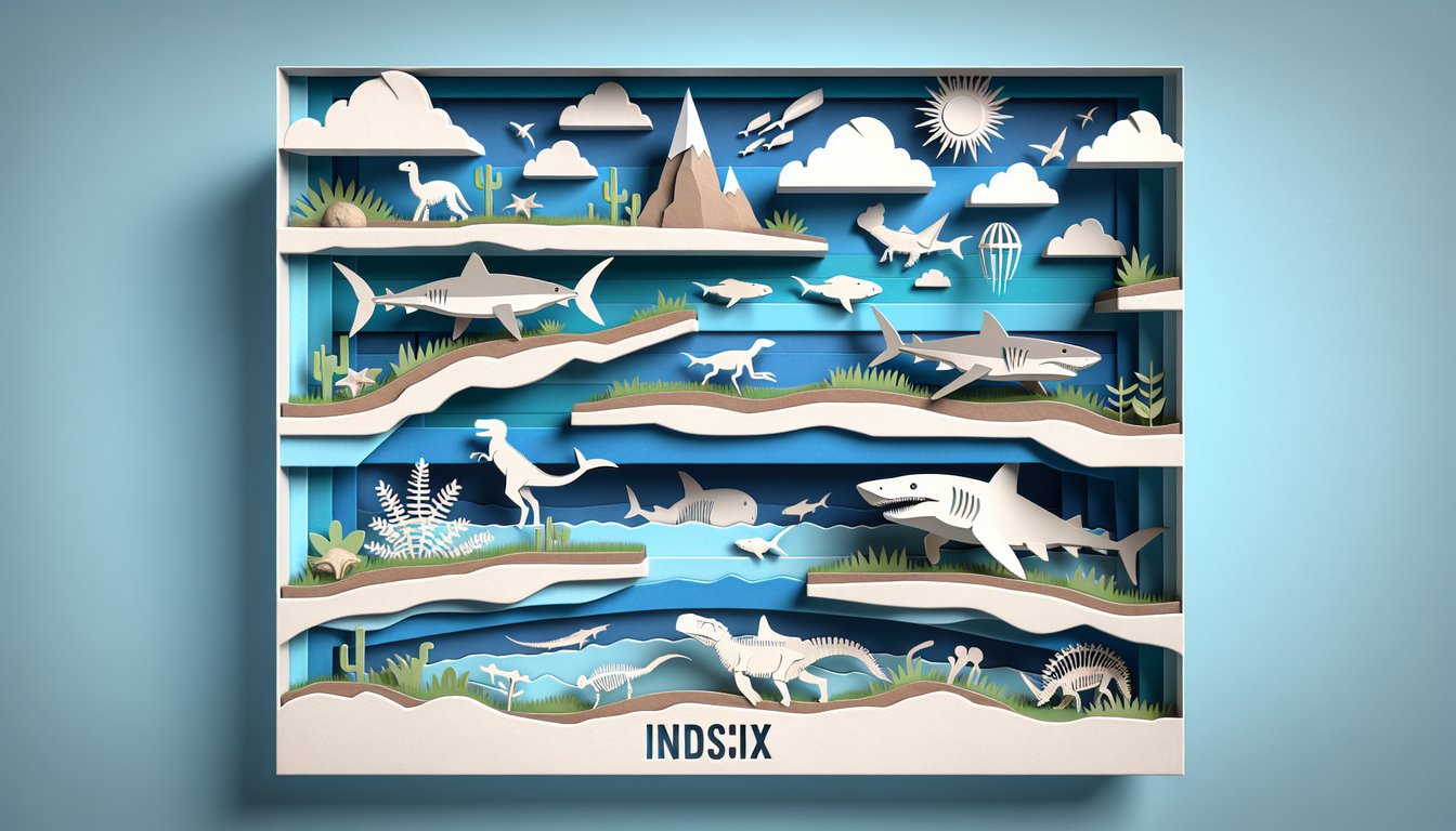 paper art shark skeleton over layered rock strata fossil quiz test index fossils geologic time on sky blue background