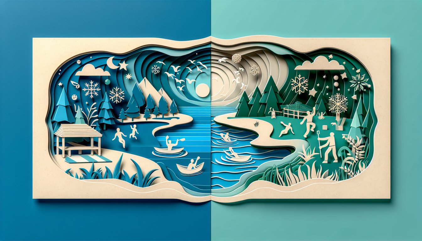 Paper art illustration on teal background showing calm waves and playful bursts inviting viewers to take chill quiz
