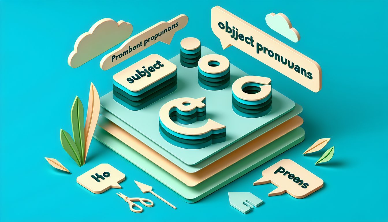 paper art illustration showing a pronoun quiz on teal background with cards labeled he she him her them us ours its.