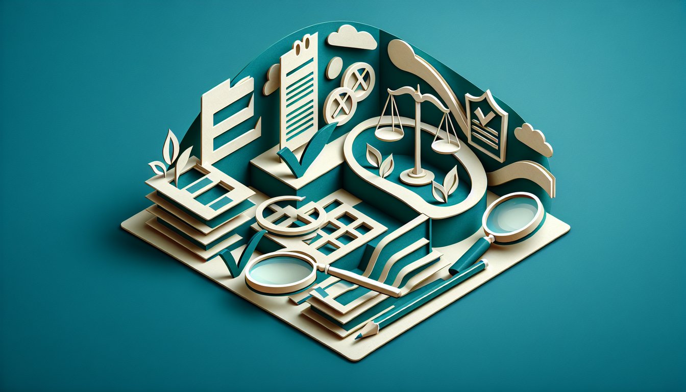 Paper art illustration of corporate compliance quiz scene with checklist, pen, stacked documents on teal background