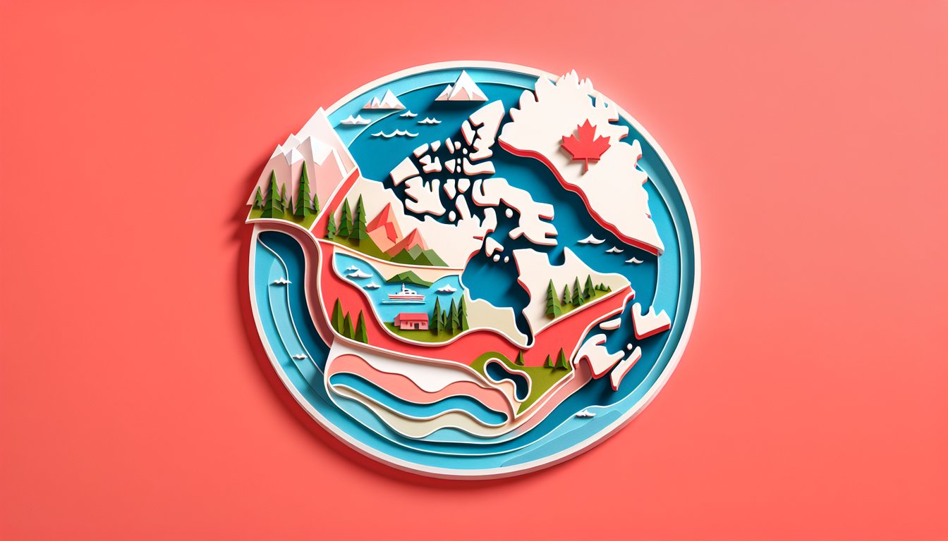 Paper art illustration for Canada geography quiz on a coral background