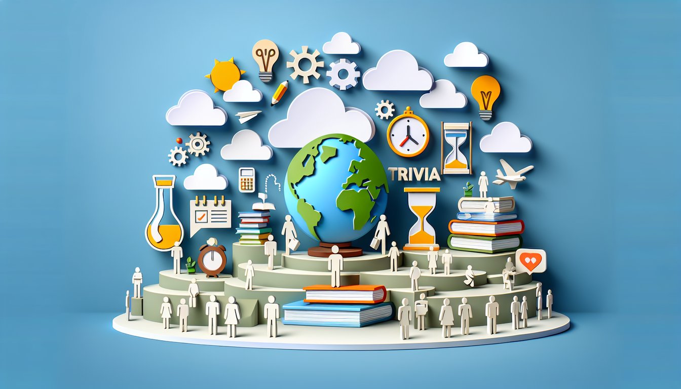 Paper art illustration for Mojo Quiz with trivia questions on a sky blue background