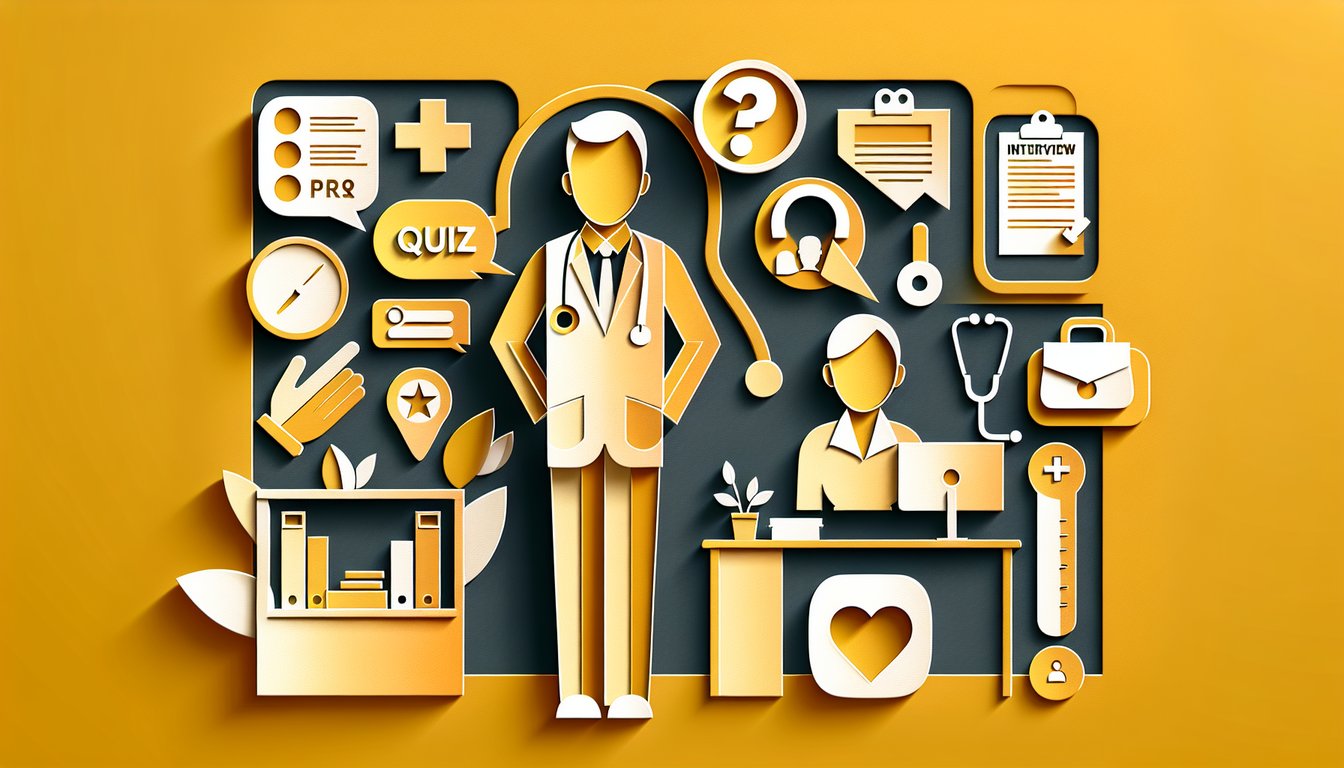 Paper art medical receptionist with headset and clipboard at front desk quiz title on golden yellow background