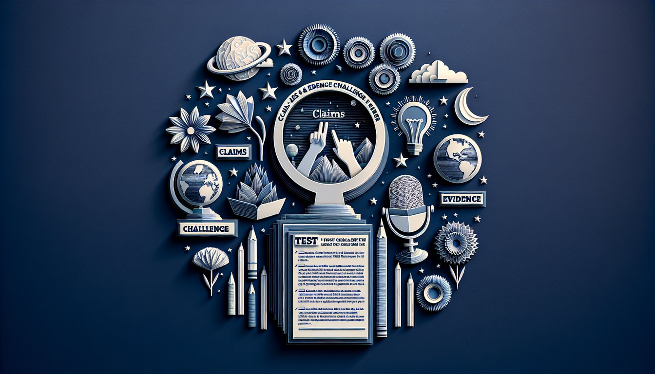 Colorful paper art promoting a Claims  Evidence Challenge quiz for middle school students.