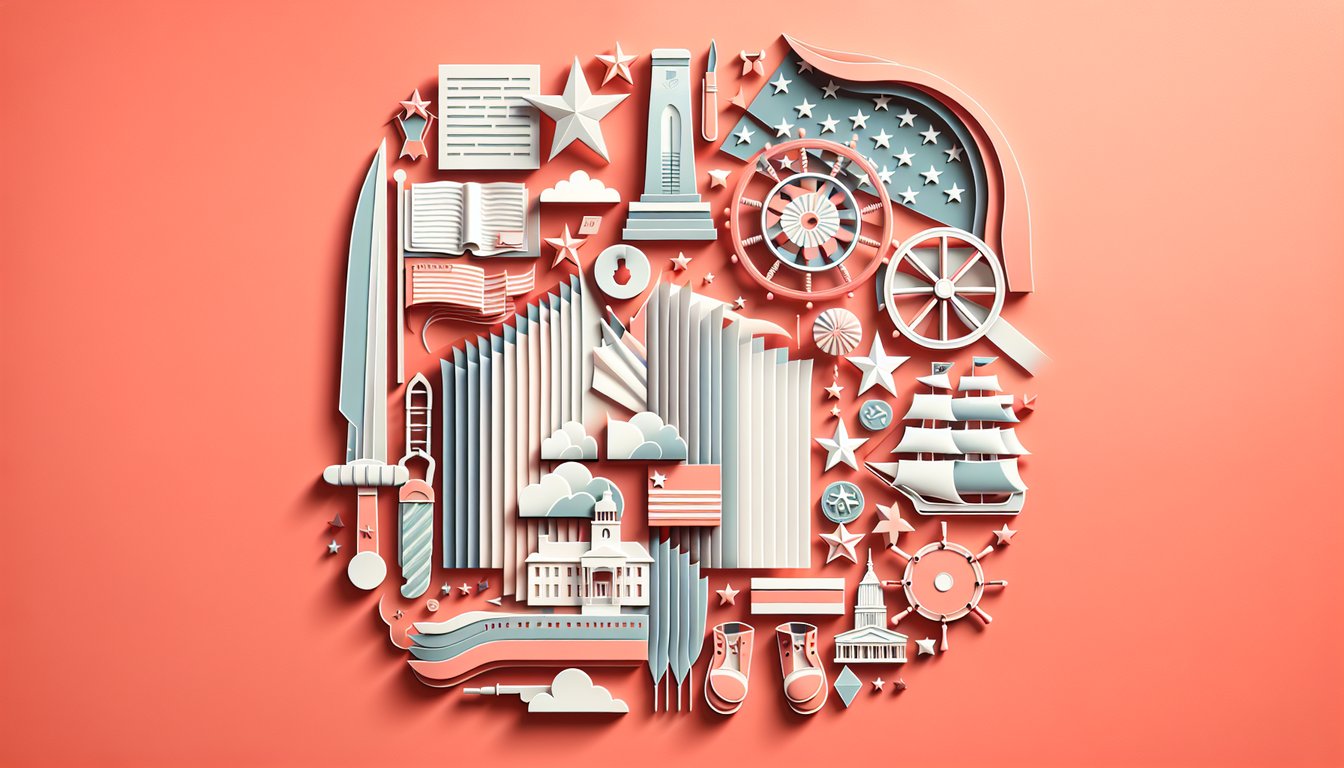 Paper art illustration for a free quiz on American History Unit 2 on a coral background