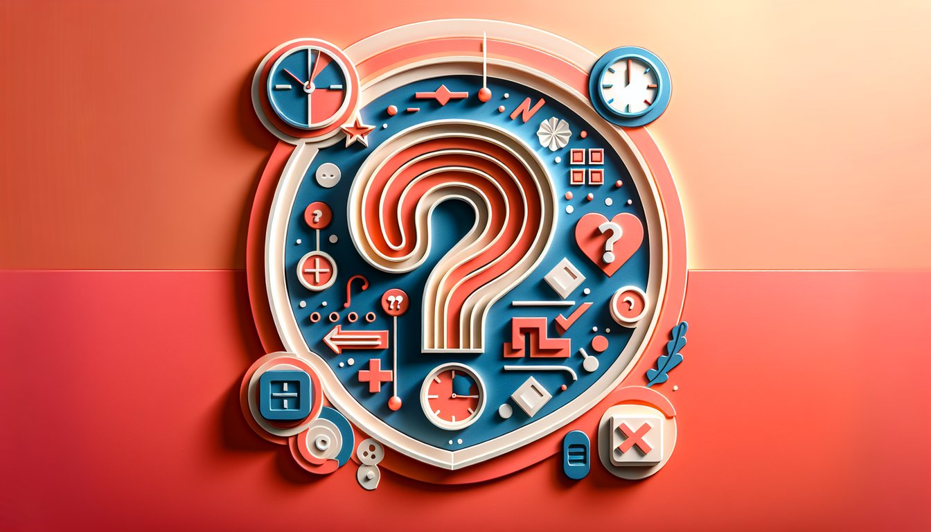 Paper art illustration with playful quiz symbols like checkmarks, cards, pencils floating on coral background