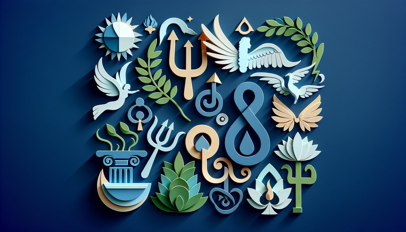 Paper art of stylized god and goddess icons around text for free patron deity quiz on dark blue background