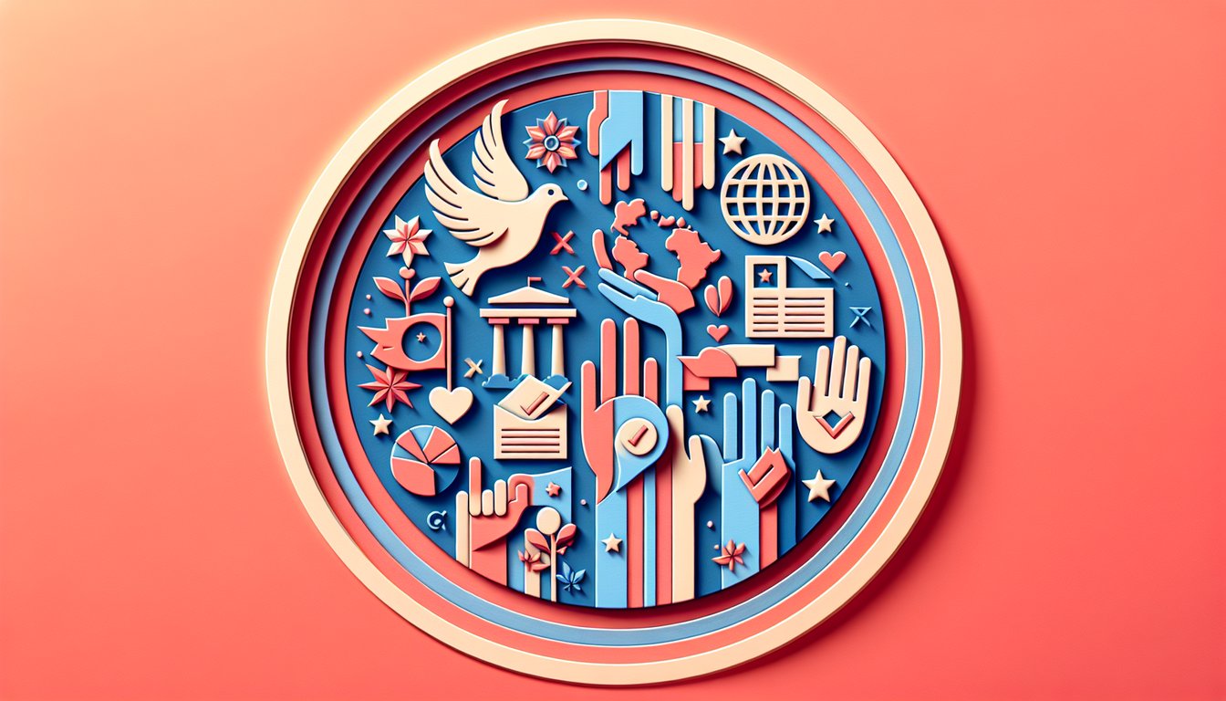 Paper art illustration with quiz title Discover your true liberal stance fun questions on key issues on coral background