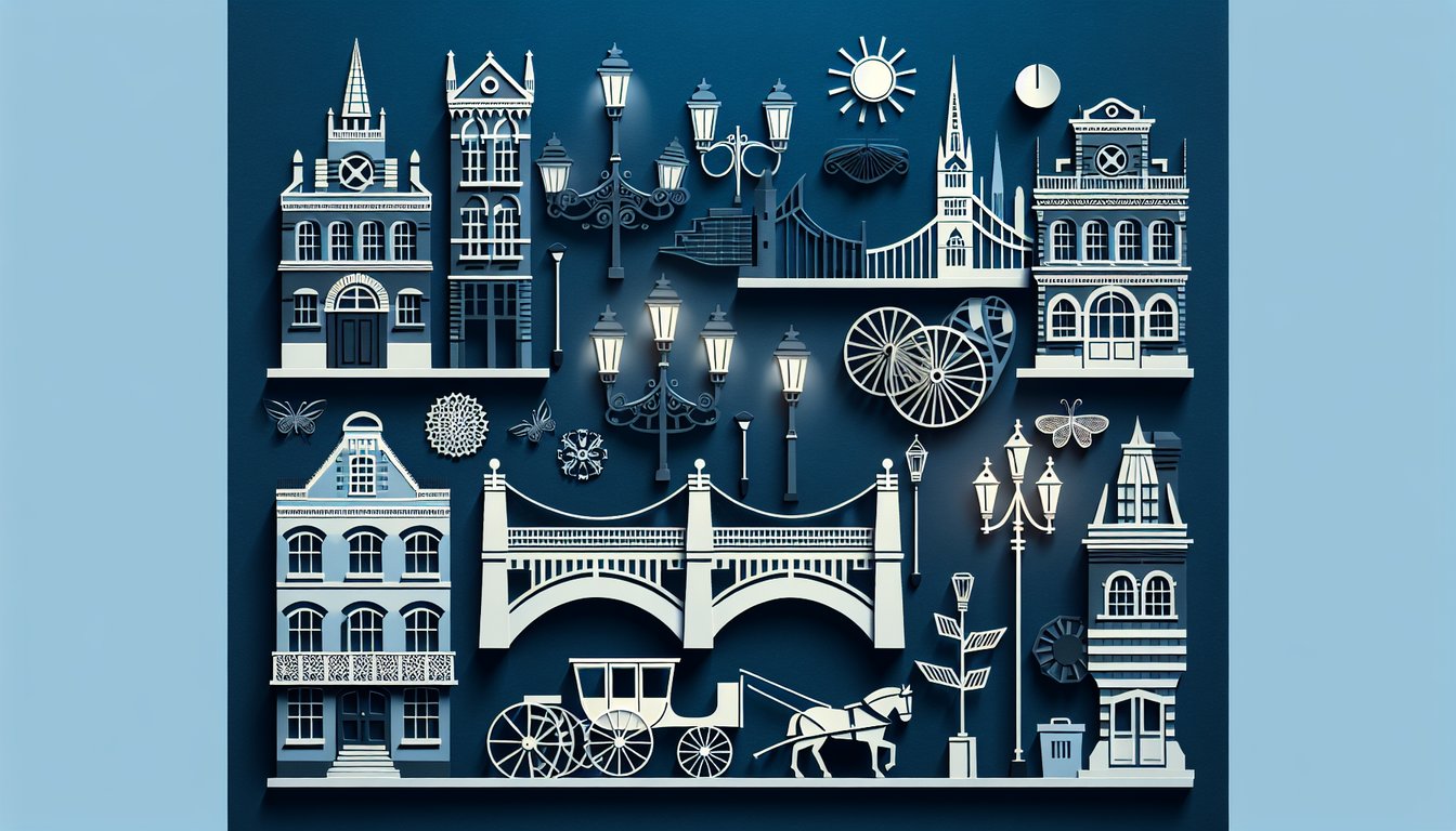 Colorful paper art representing various historical city landmarks for a trivia quiz