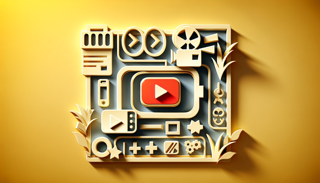 paper art video camera smartphone play button speech bubble on golden yellow background promoting free youtuber quiz