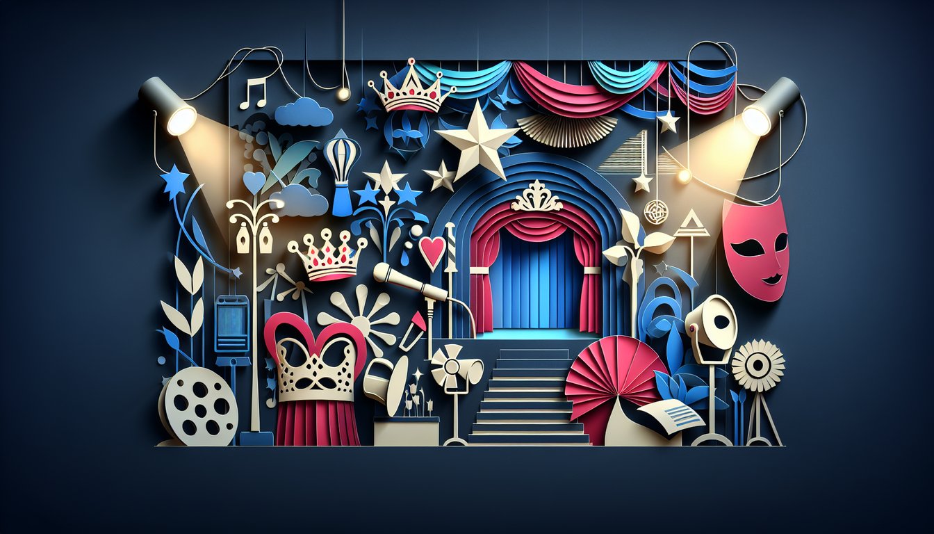 Paper art scene with dramatic paper crown, theater masks and quiz icons on dark blue background