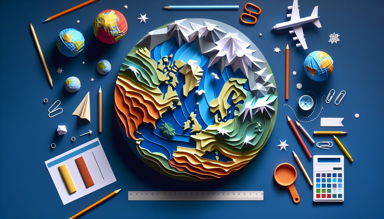 Colorful paper art promoting a middle school geography quiz on Europes terrain