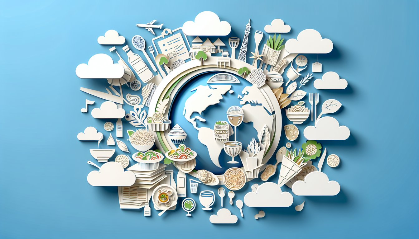 Paper art food trivia quiz, challenge yourself with stylized fruits, vegetables and cutlery on sky blue background