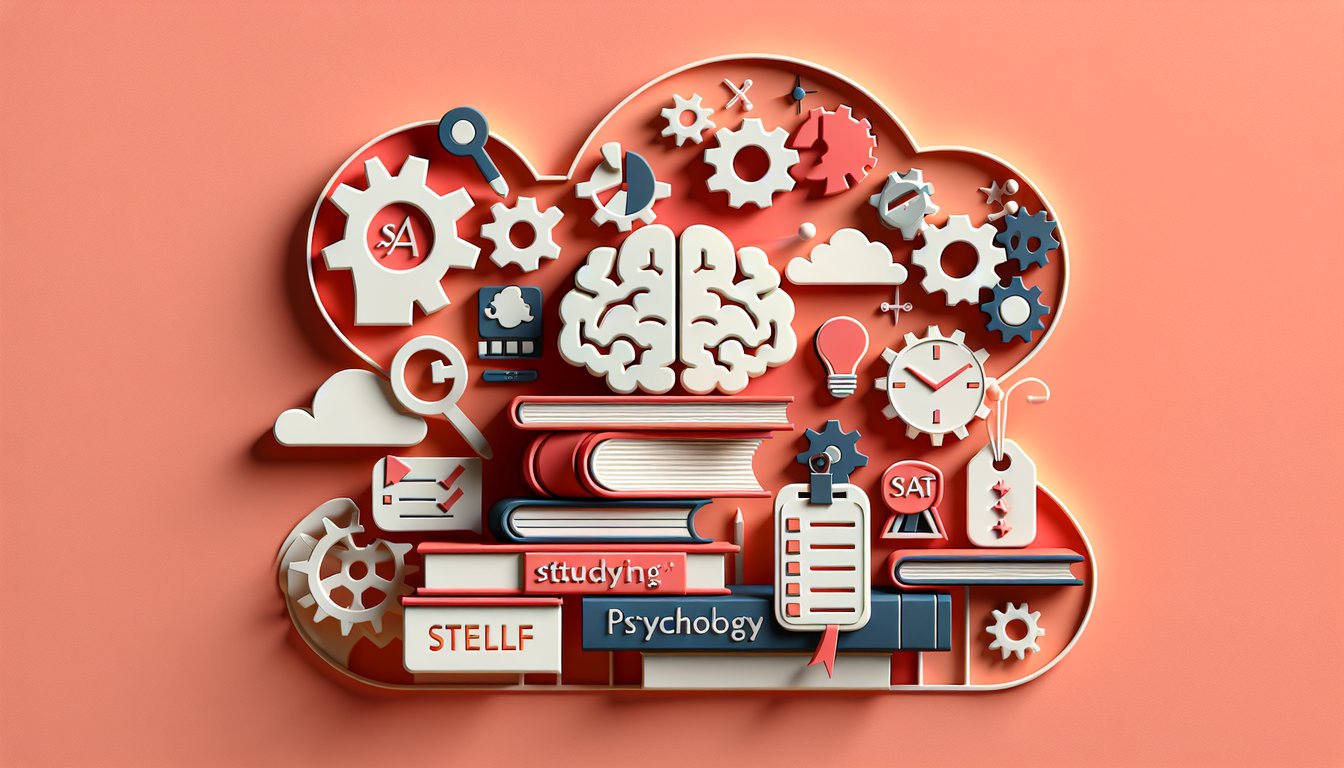 Paper art brain, stacked flashcards on coral background promoting free psychology vocabulary SAT quiz