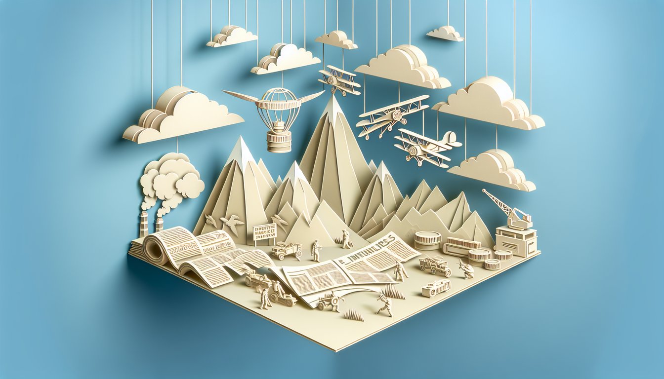 Paper art collage of muckraker press, US warship, reform symbols on sky blue for a Progressivism and Imperialism quiz
