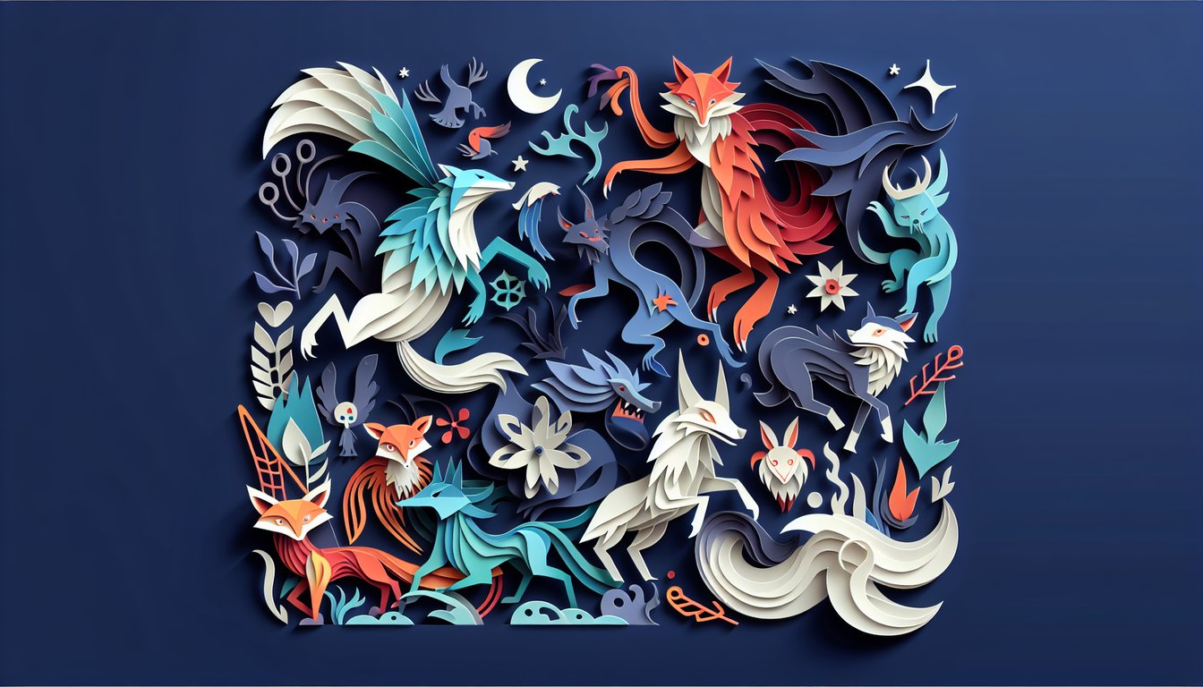 Paper art illustration for Grimm creature quiz on dark blue background