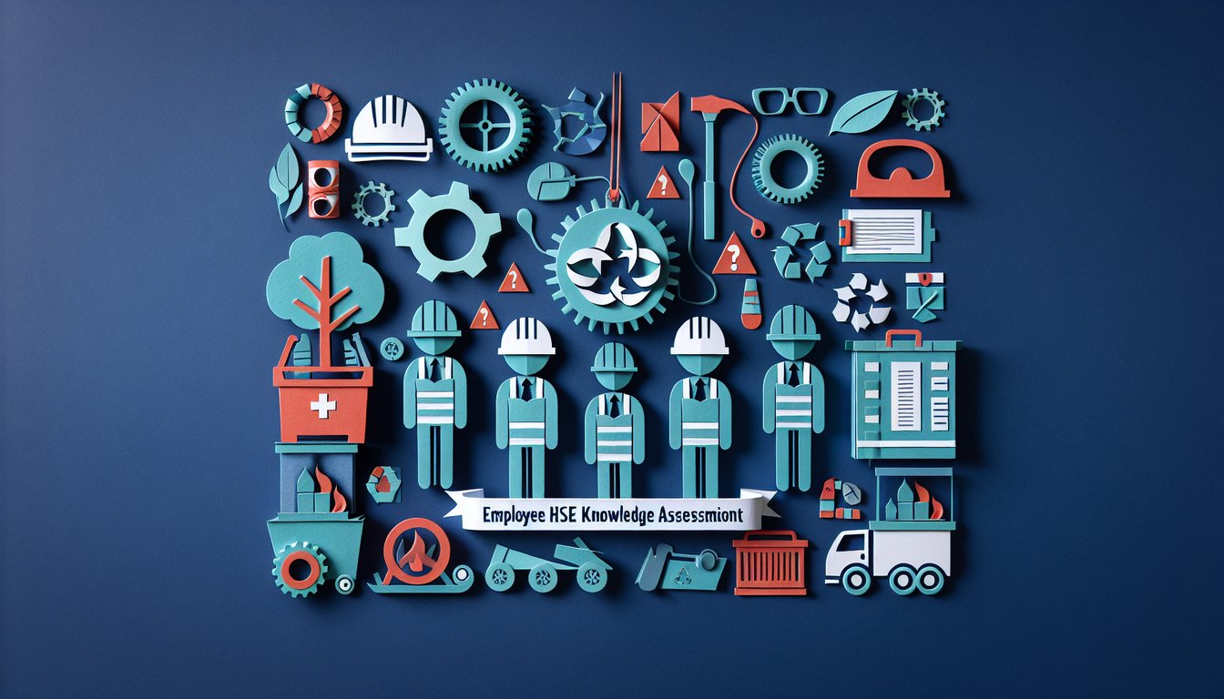 Colorful paper art illustrating a quiz on Employee HSE Knowledge Assessment