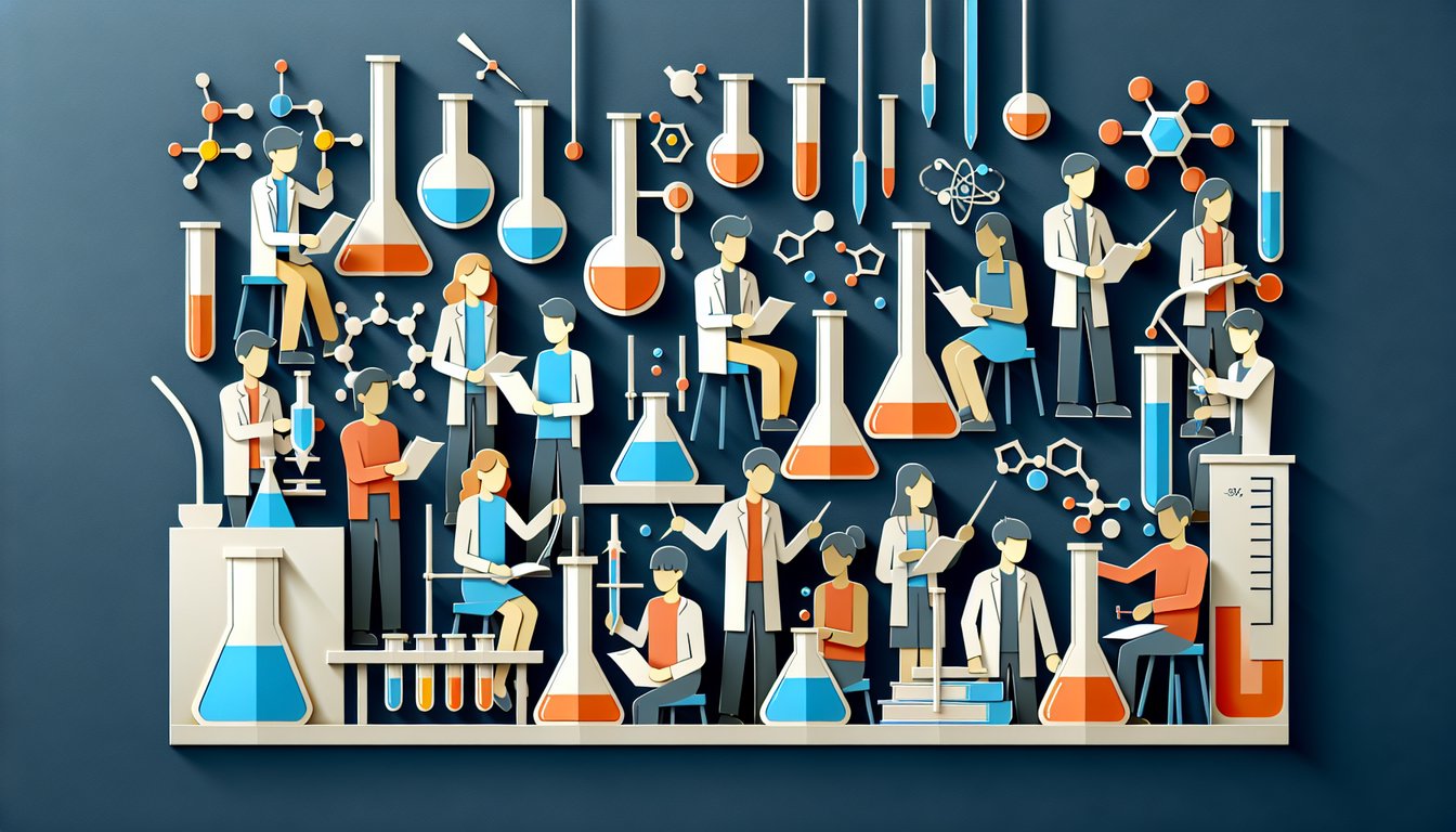 Colorful paper art promoting Titration Tactics, a chemistry quiz for high school students.