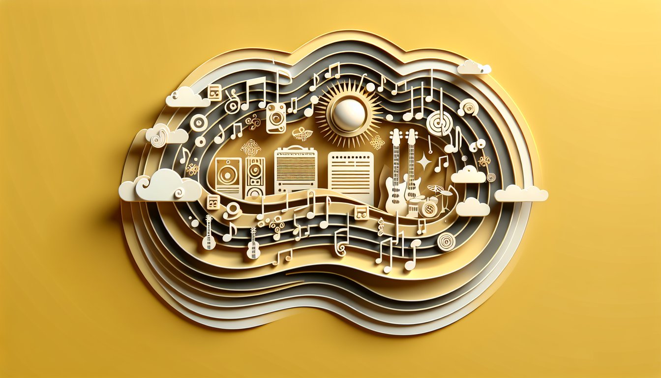 Paper art illustration for LP trivia quiz on a golden yellow background
