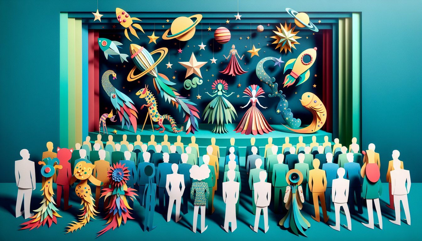 Paper art illustration for Masked Singer quiz on teal background