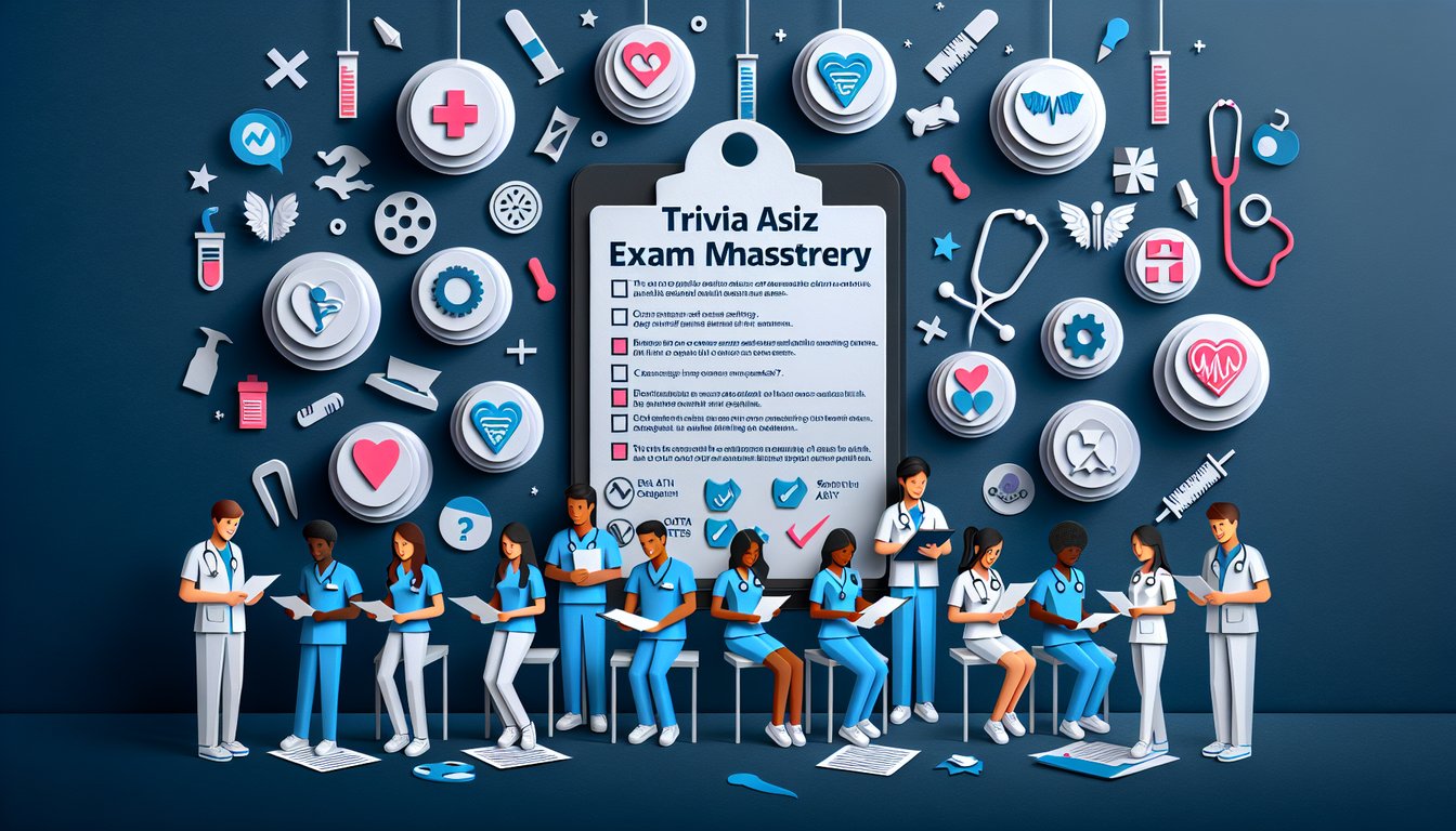 Colorful paper art promoting a Health Assessment Exam Mastery trivia quiz for nursing students.