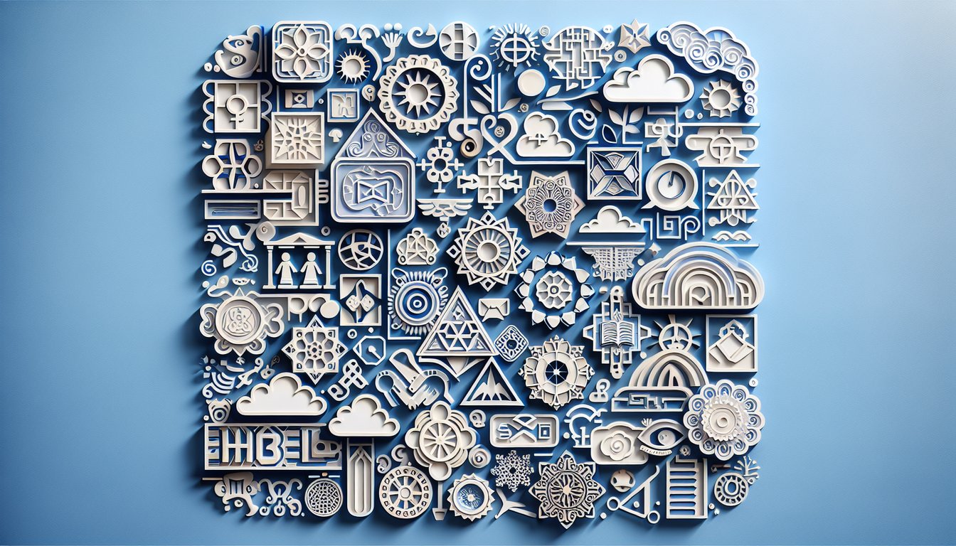 Paper art illustration for symbol trivia quiz on a sky blue background