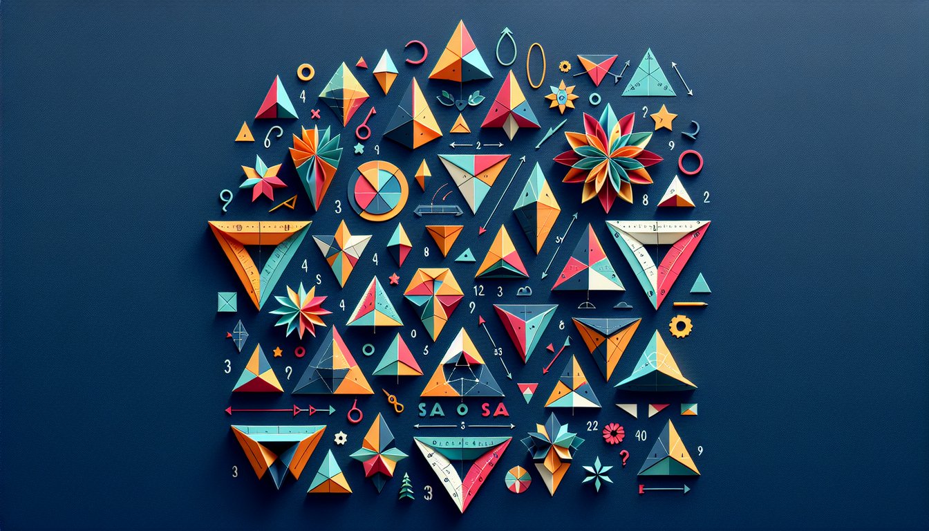 Colorful paper art depicting a quiz on Triangle Congruence