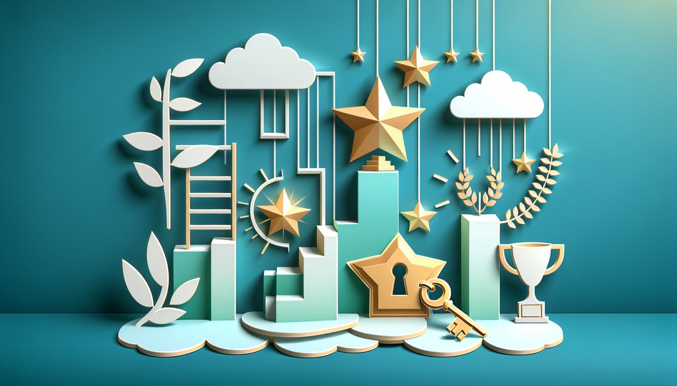 Paper art illustration for success prediction quiz on a teal background