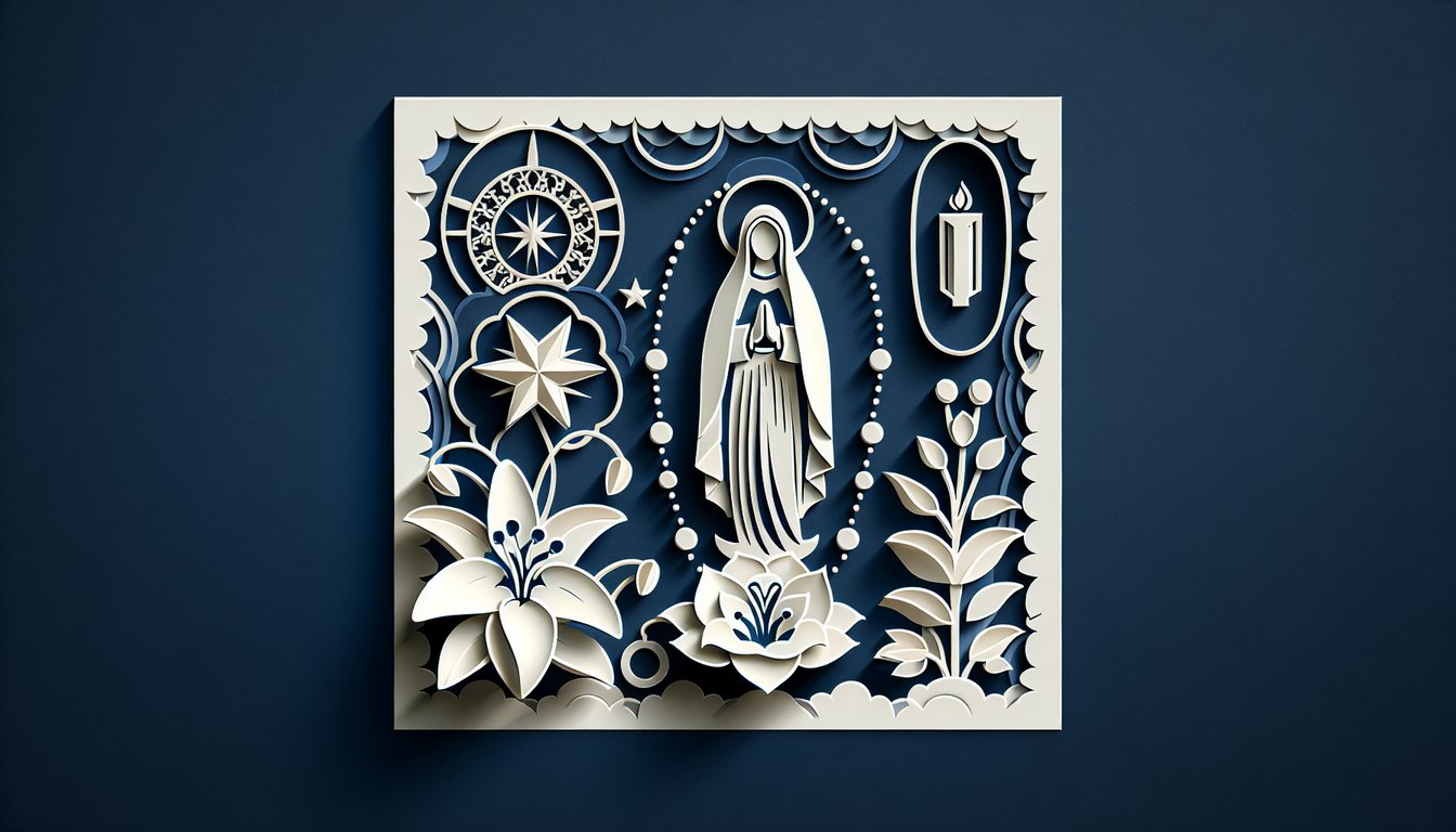 Paper art illustration with stylized Blessed Mother figure and Marian trivia quiz title on dark blue background