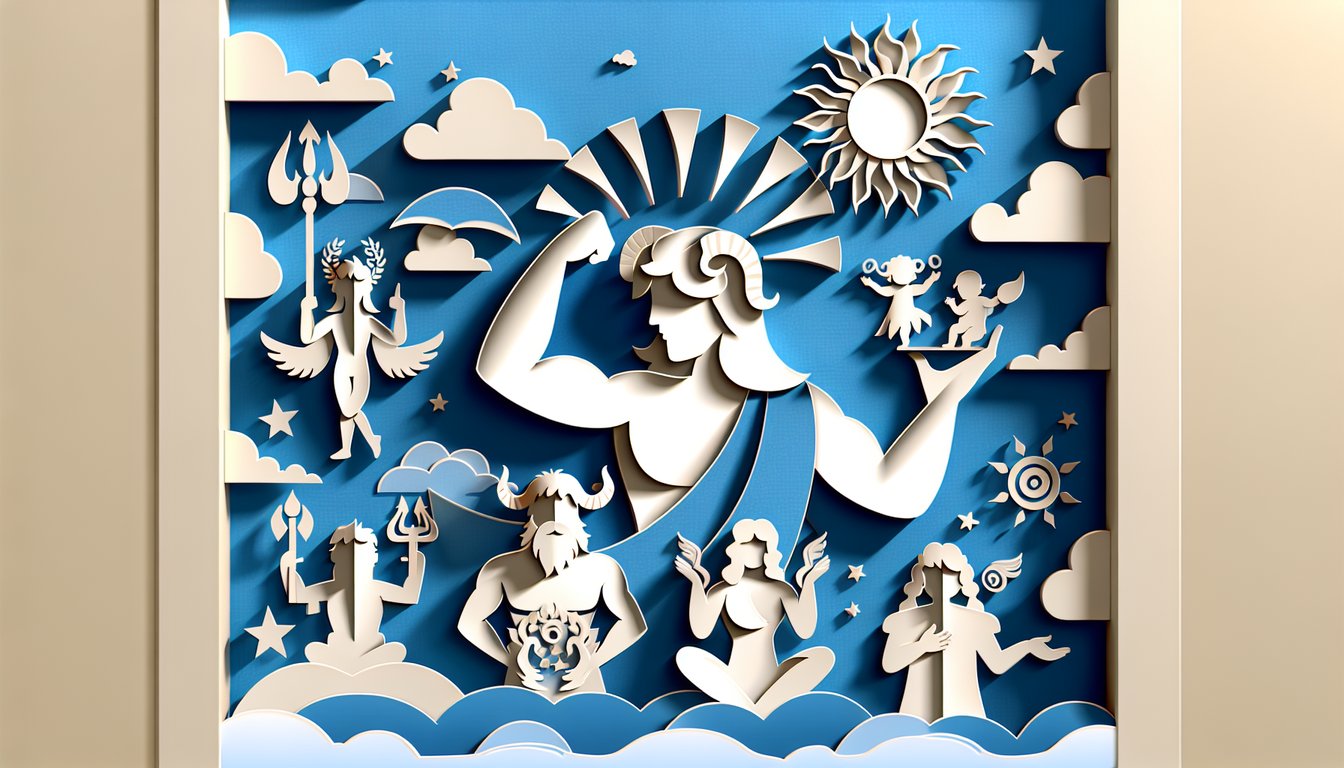 Paper art illustration with winged helmet trident laurel wreath lightning bolt over sky blue background for half blood quiz