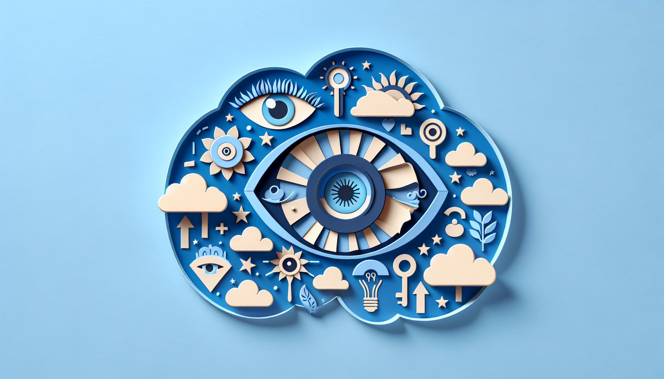 Paper cut eye shapes in layered colors float on sky blue background hinting at a personality quiz exploring hidden traits.