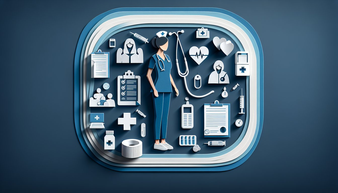 Paper art illustration for LPN practice test quiz on a dark blue background