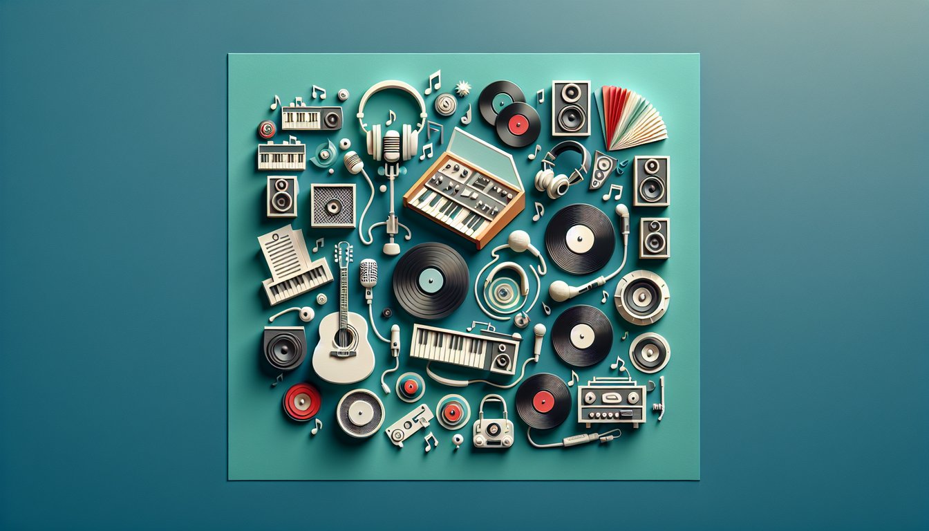 Paper art illustration for music genre quiz with fun questions on a teal background