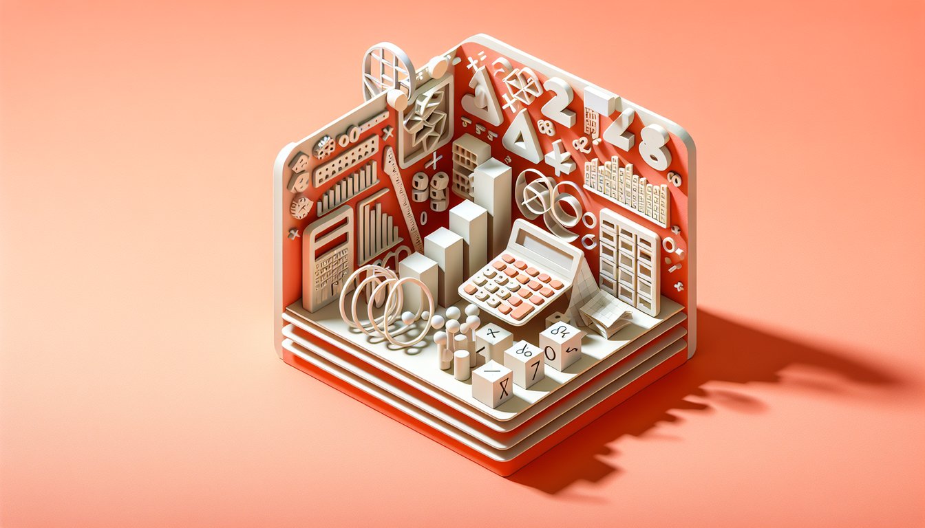 Paper art illustration for a free math skills quiz on a coral background