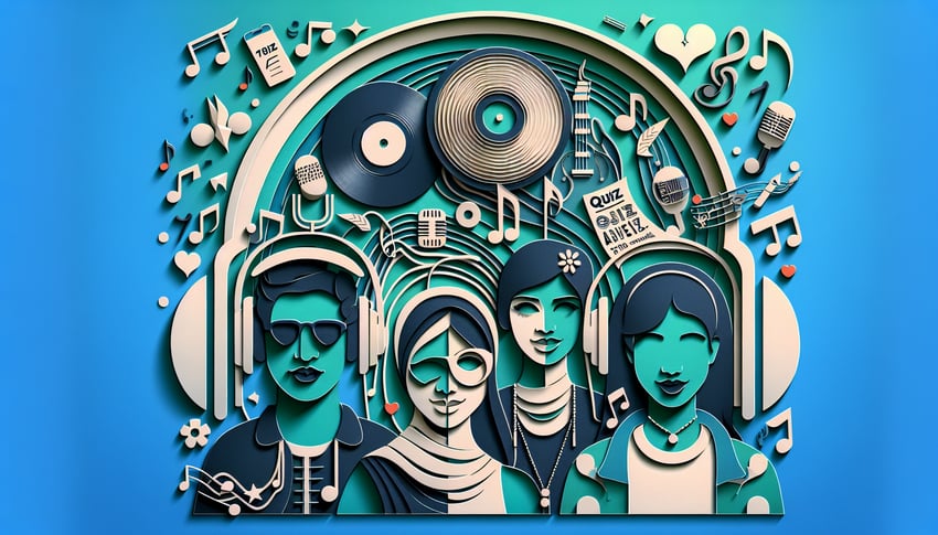 Paper art collage Twenty One Pilots quiz on teal background testing fandom with fun questions to guess favorite song