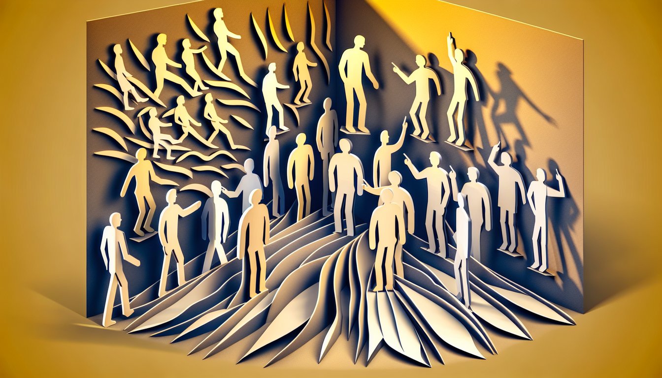 Paper art illustration for a personality quiz on a golden yellow background