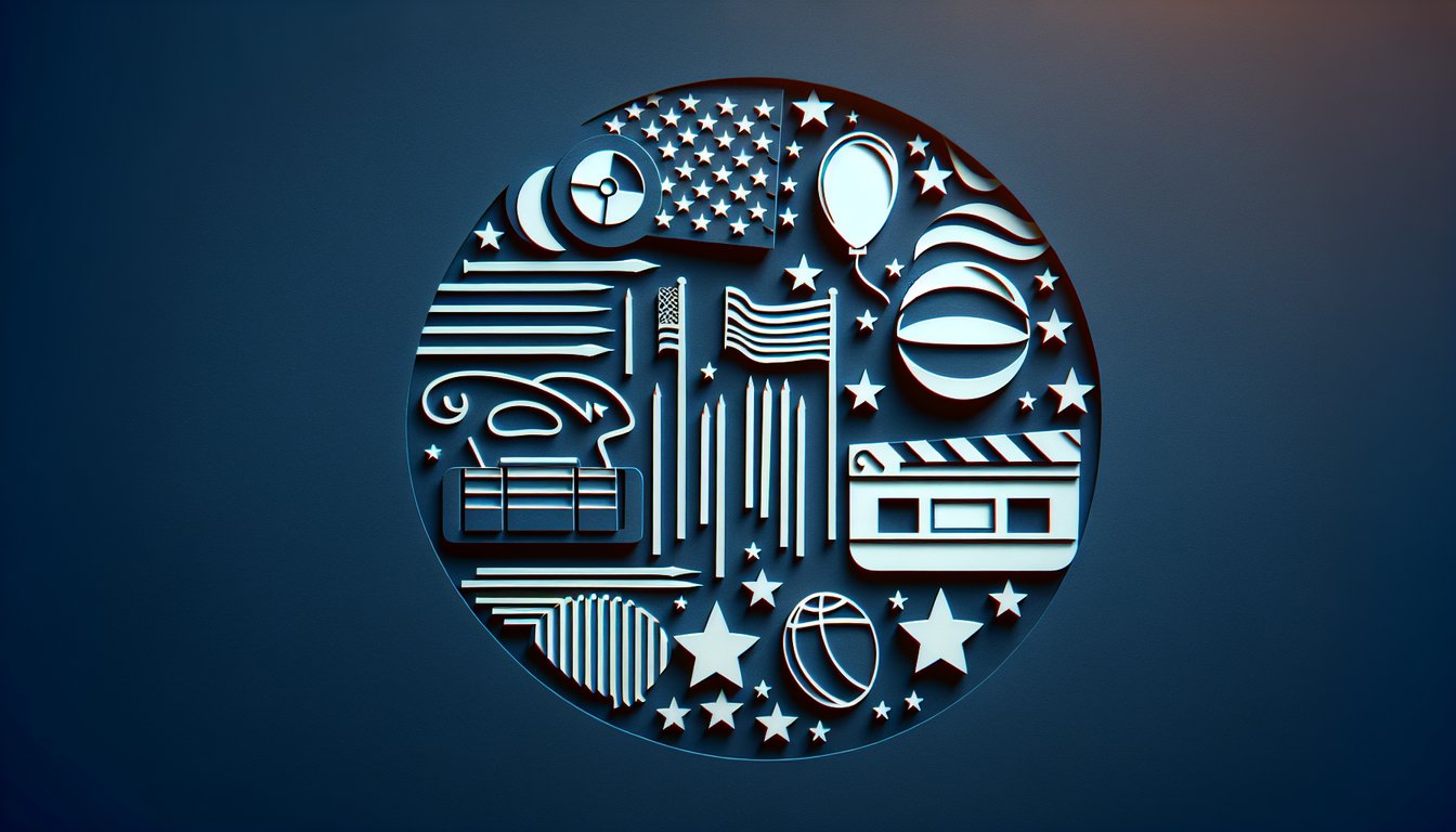 Paper art illustration for American Pie trivia quiz with main character silhouette and cast icons on dark blue background