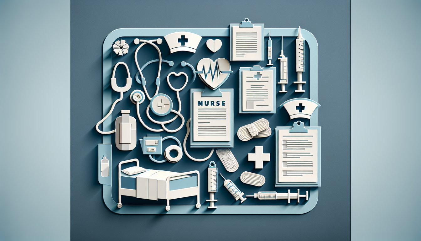 Paper art illustration of stethoscope syringe notebook pencil on dark blue background for med surg nursing quiz