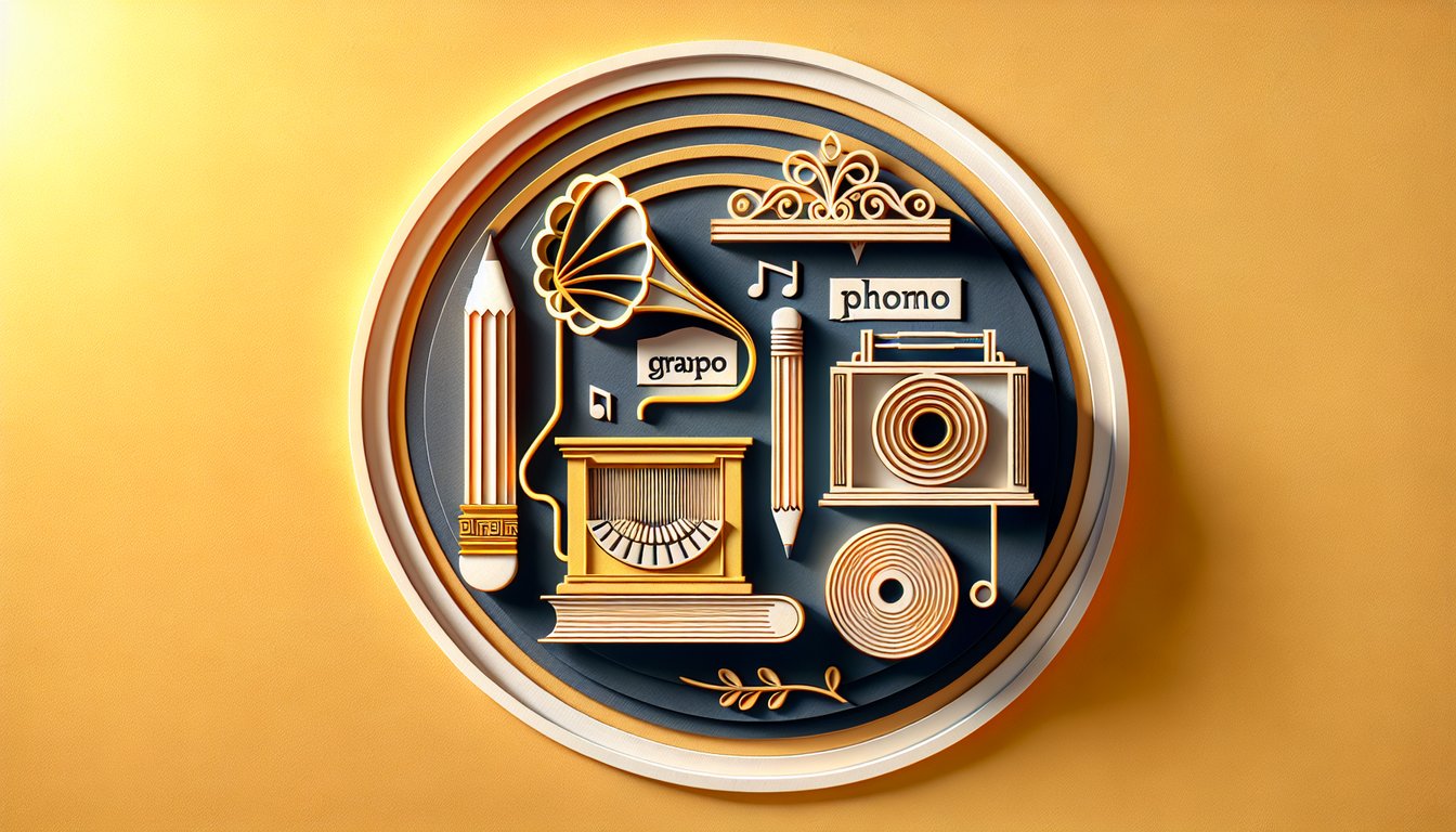 paper art letters forming Greek roots phono graph hemi on golden yellow background for a root words quiz
