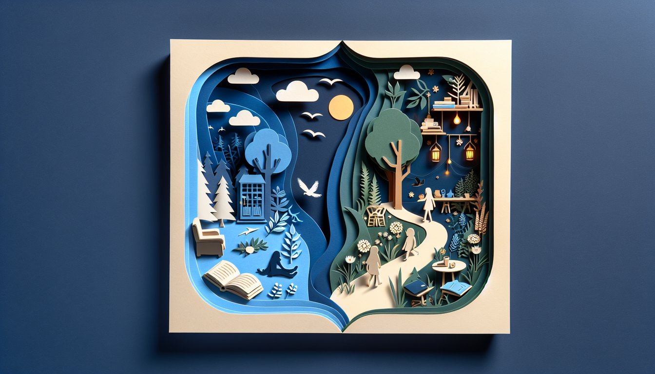 Paper art illustration for a personality quiz on a dark blue background.