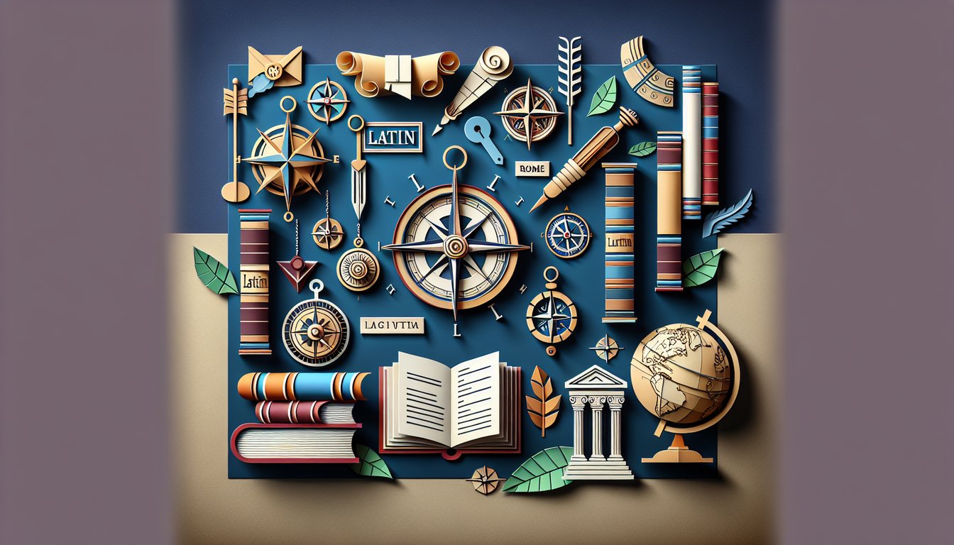 Colorful paper art promoting Latin Navigation Challenge trivia for high school students.