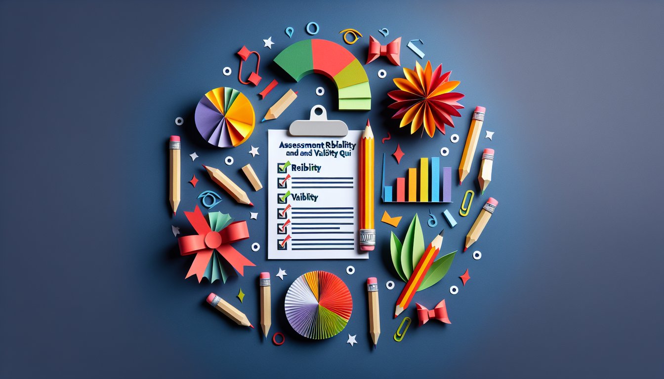 Colorful paper art illustrating a quiz on assessment reliability and validity